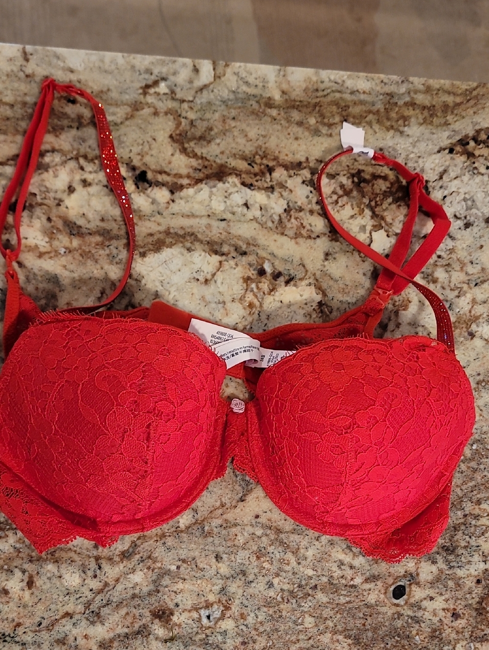 Victoria's Secret Red Lace Push-Up Bra with Embellished Straps